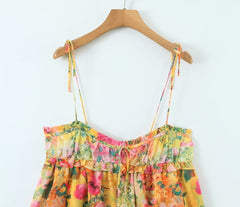 Y2K Flowers Print Suspender Dress Summer Fashion Ruffled Holiday Beach Short Dresses Womens Clothing - kinko