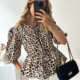 Women's Design Lace-up Bubble Sleeve Printed Blouse - kinko