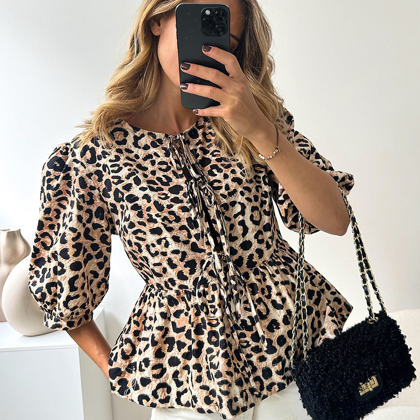 Women's Design Lace-up Bubble Sleeve Printed Blouse - kinko