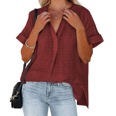 Women's Short Sleeve Thin V-neck Pullover Loose Shirt - kinko