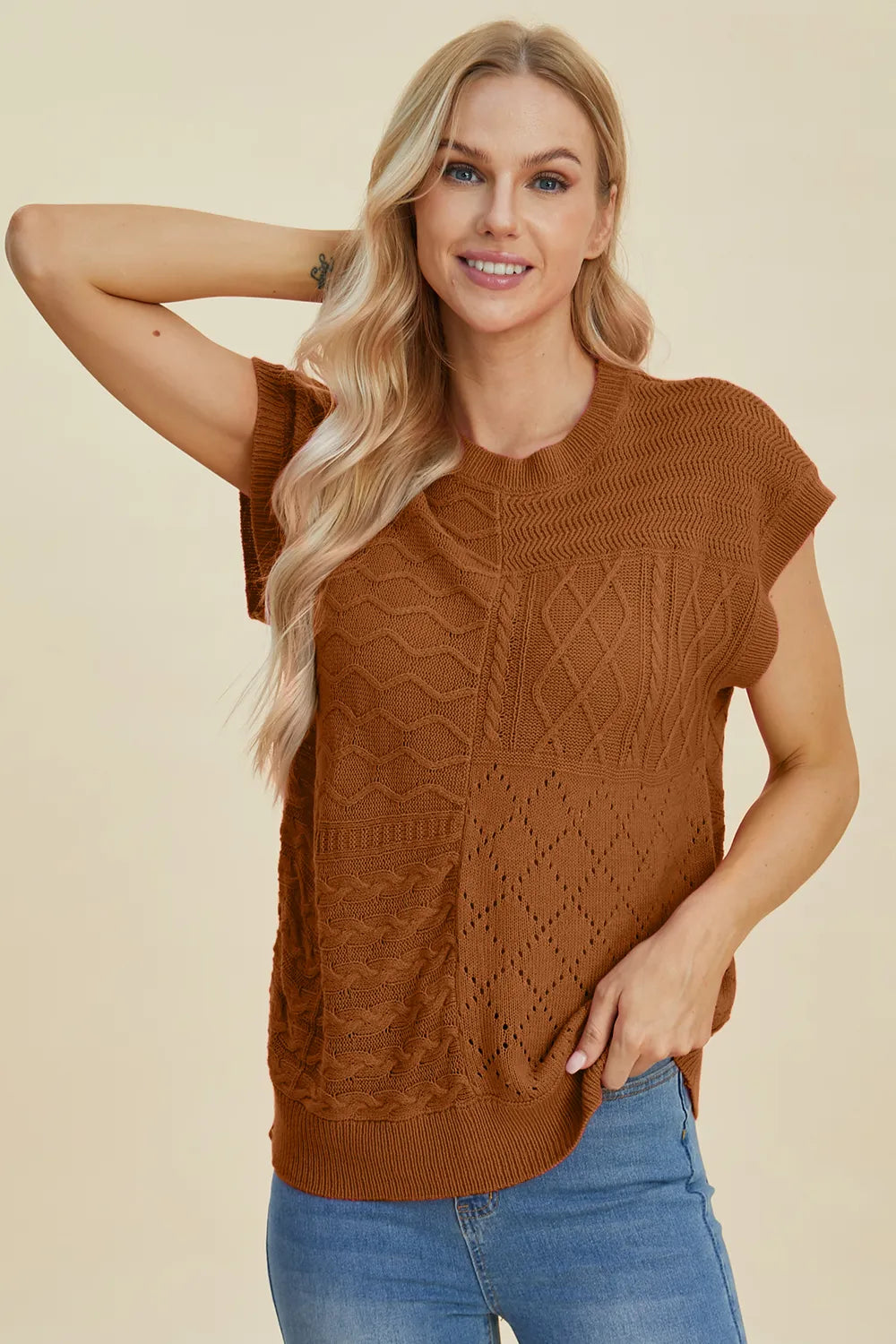Double Take Full Size Cable-Knit Round Neck Cap Sleeve Sweater - kinko