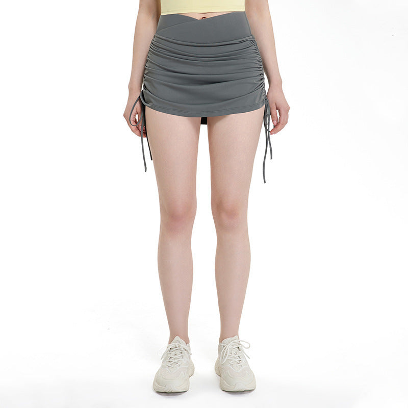 Drawstring High Top Sports Short Skirt Women's Running Anti-exposure Yoga Shorts - kinko