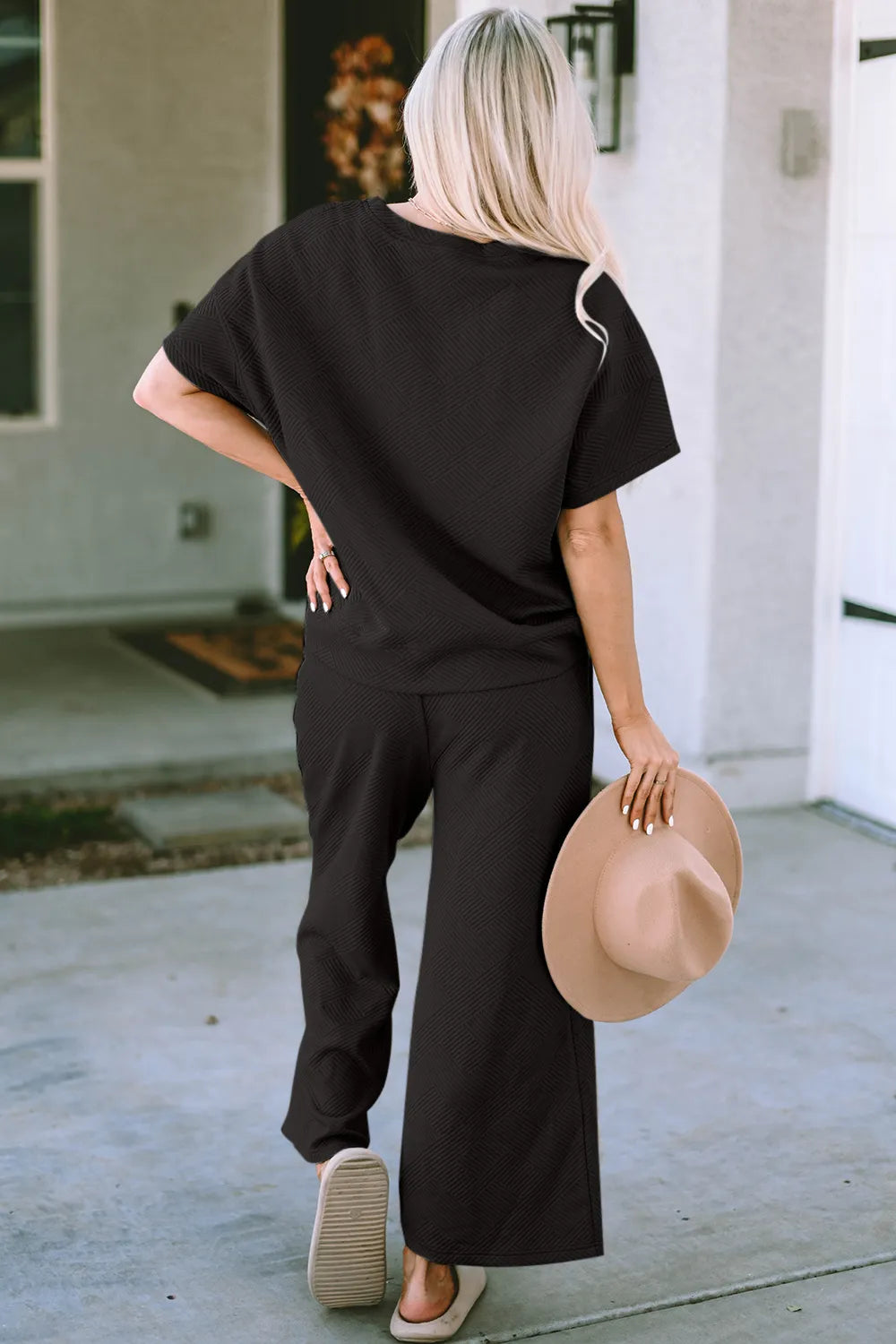 Double Take Full Size Texture Short Sleeve Top and Pants Set - kinko