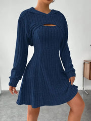 Women's Two-piece Set Dresses New Fashion Fall Winter Hooded Shawl Long-sleeved Vest Short Skirt - kinko