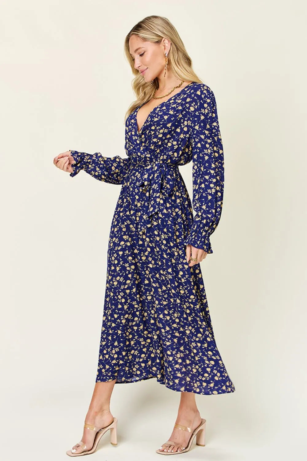 Double Take Full Size Tie Back Flounce Sleeve Dress - kinko