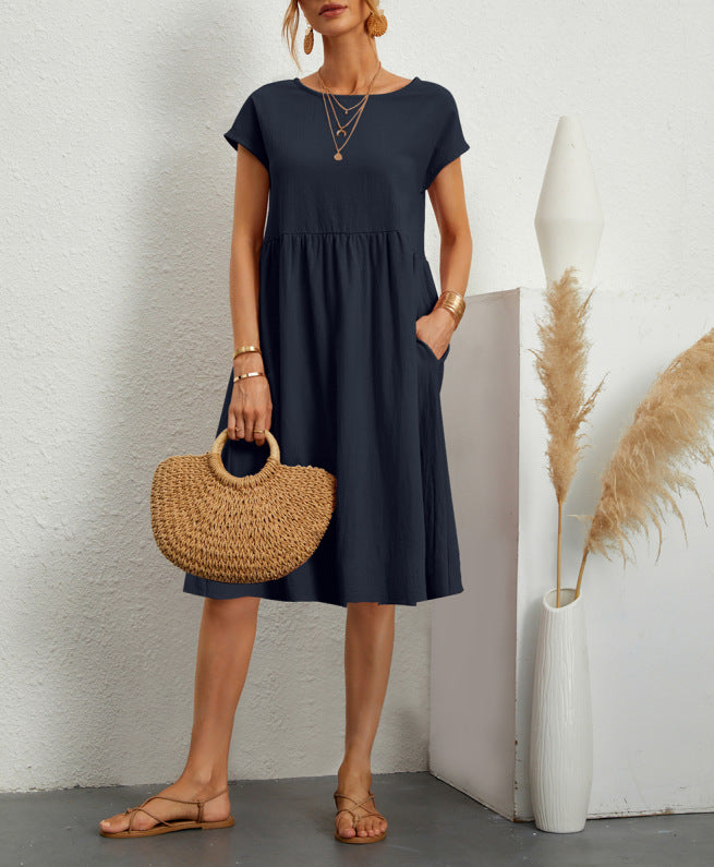 Summer Short-sleeved Dress With Pockets Fashion Solid Round Neck A-line Dresses For Women Clothing - kinko
