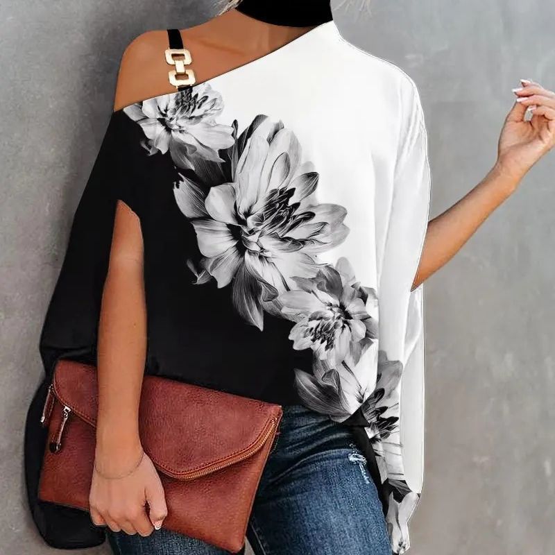 Wear Halter Shawl Printed Elegant Short Sleeve Bat Shirt - kinko