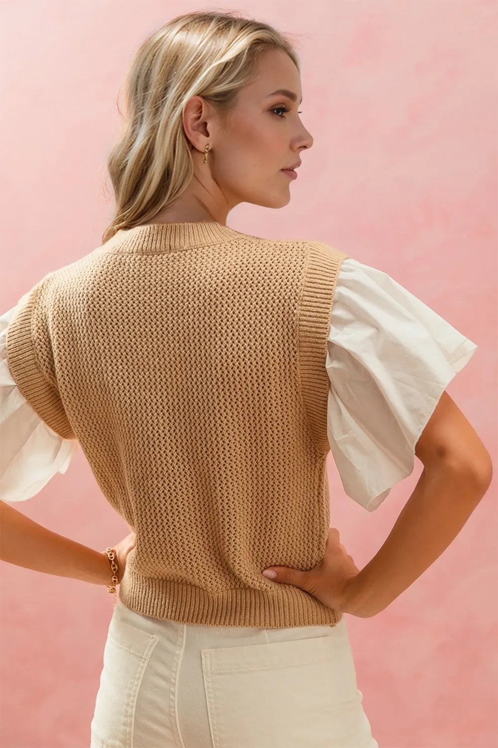 Oh Full Size Ruffled Round Neck Short Sleeve Sweater - kinko
