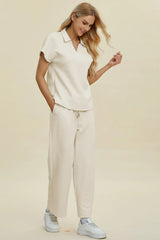 Double Take Full Size Collared Neck Short Sleeve Top and Pants Set - kinko