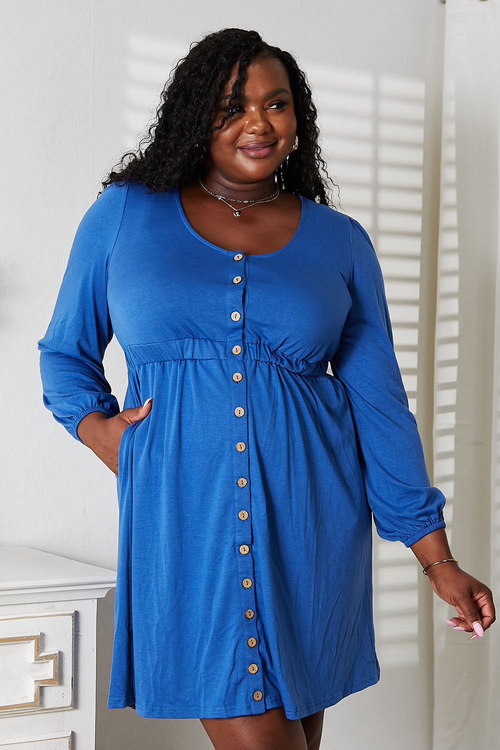 Double Take Scoop Neck Empire Waist Long Sleeve Magic Dress - kinko