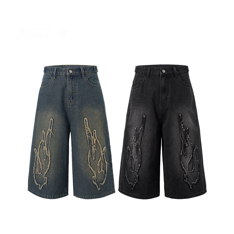 Cropped Patch Flame Embroidery Casual Men's Shorts - kinko