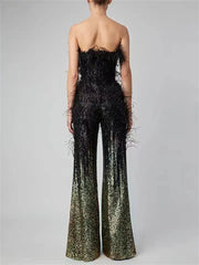 Ostrich Feather Gradient Sequin Tube Top Jumpsuit - kinko