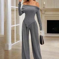 Women's Solid Color Off-Shoulder Long Sleeve Top & Pants Set - Elegant Asymmetrical Hem & Ruffes Cuff Casual Outfit - kinko