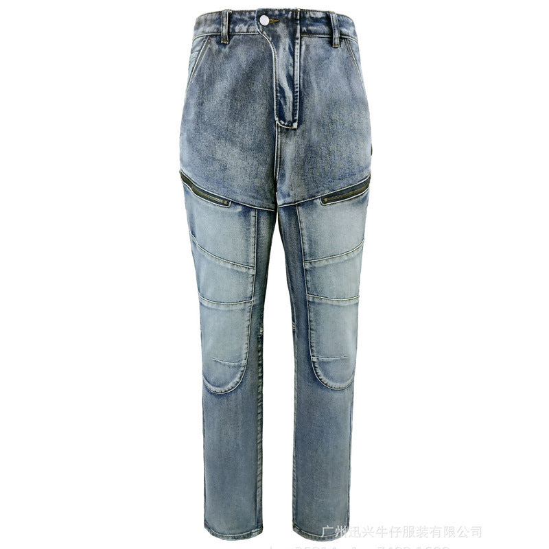 European And American Motorcycle Double Zipper Cycling Pants Four Seasons Slim Racing Anti-fall Jeans - kinko