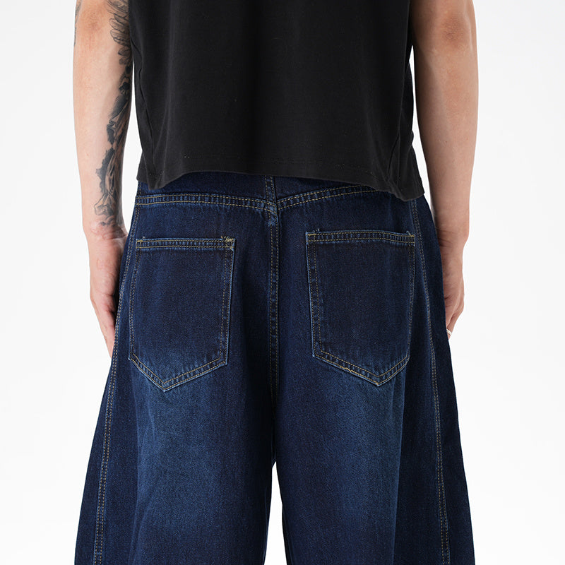 Washed Distressed Dark Blue Wide Leg Machete Jeans - kinko