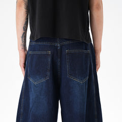 Washed Distressed Dark Blue Wide Leg Machete Jeans - kinko