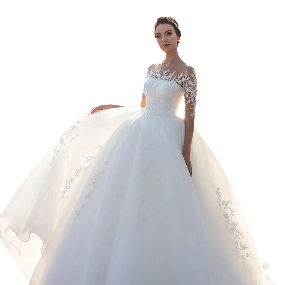 Bridal Mesh Long Sleeve Embroidered Wedding Dress - kinko