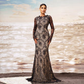 Long Sleeve Round Collar Gauze Sheath Fishtail Evening Dress - kinko