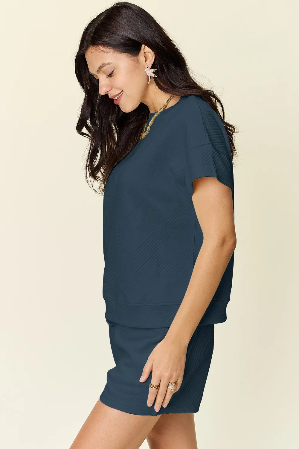 Double Take Full Size Texture Short Sleeve T-Shirt and Drawstring Shorts Set - kinko