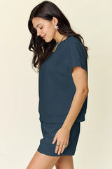 Double Take Full Size Texture Short Sleeve T-Shirt and Drawstring Shorts Set - kinko