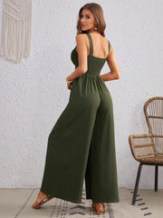 Women's Solid Color Loose Overall One Piece Summer Beach Jumpsuit With Spaghetti Straps - kinko