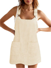 Striped Pocket Strap Adjustable Casual Dress - kinko