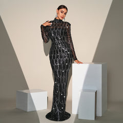 Long Sleeve Round Neck Slim-fit Sequined Banquet Evening Dress - kinko