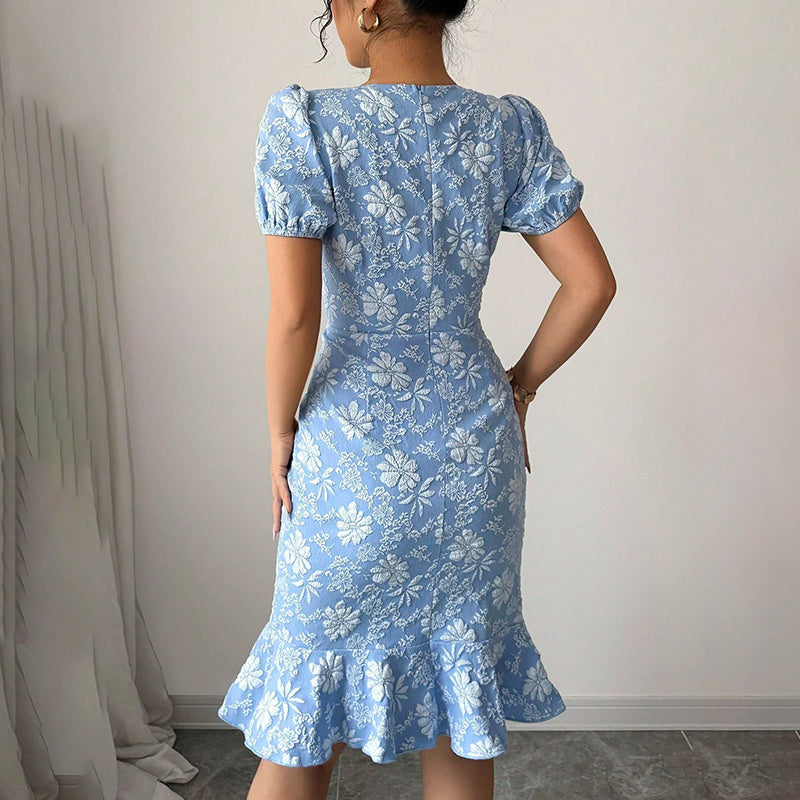 Women's Floral Jacquard Dress Women's Short Puff Sleeve Crew Neck Ruffle Hem Bodycon Dresses - kinko