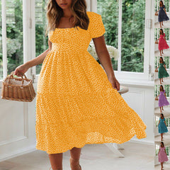 Square Collar Short Sleeve Dress Summer Puff Floral Printed Dress Long Dresses - kinko