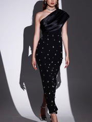 Off-shoulder Diamond Black Evening Dress - kinko