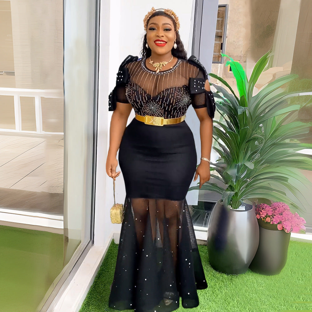 Women's Heavy Embroidered Hot Diamond Beads Night Banquet Light Luxury Evening Dress Fishtail Skirt - kinko