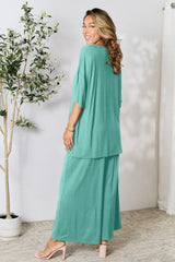 Double Take Full Size Round Neck Slit Top and Pants Set - kinko