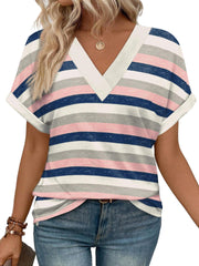 Women's Casual Round Neck Striped T-shirt Top - kinko