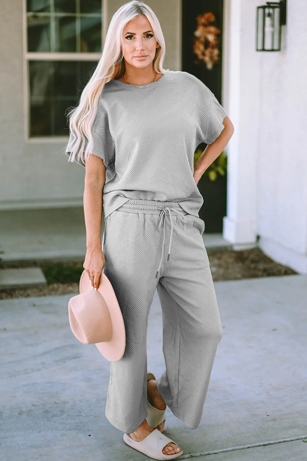 Double Take Full Size Texture Short Sleeve Top and Pants Set - kinko