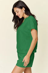 Double Take Full Size Texture Short Sleeve T-Shirt and Drawstring Shorts Set - kinko