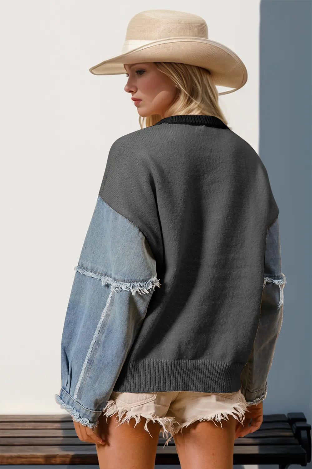 Double Take Full Size Star Pattern Raw Edge Long Sleeve Sweater - kinko