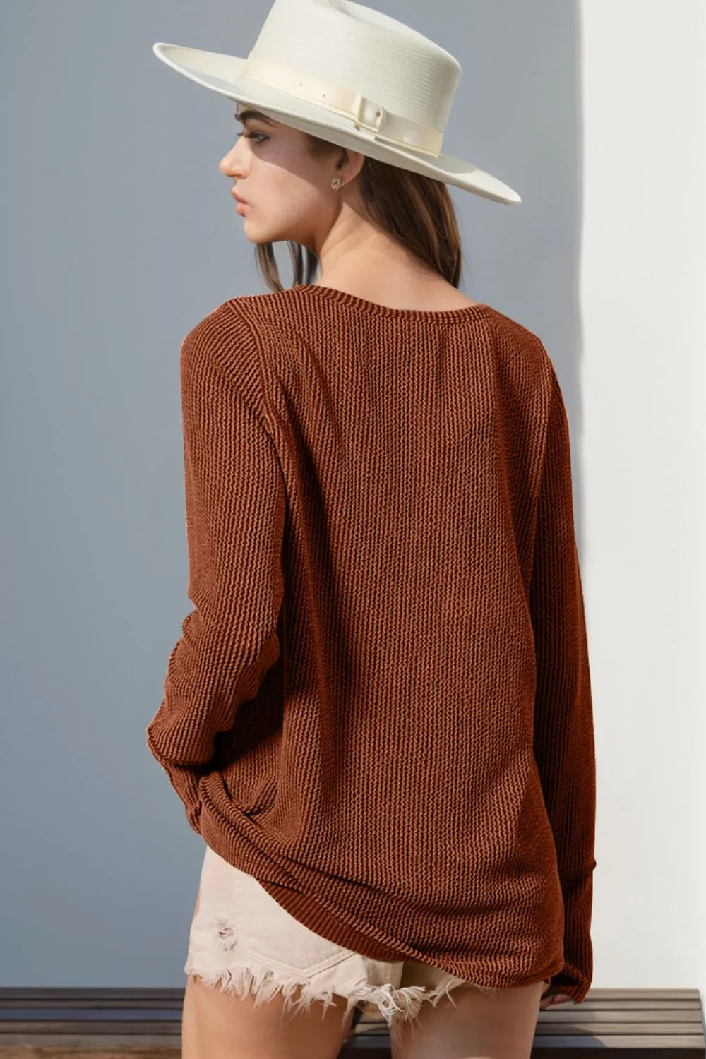 Double Take Full Size Notched Thumbhole Long Sleeve T-Shirt - kinko