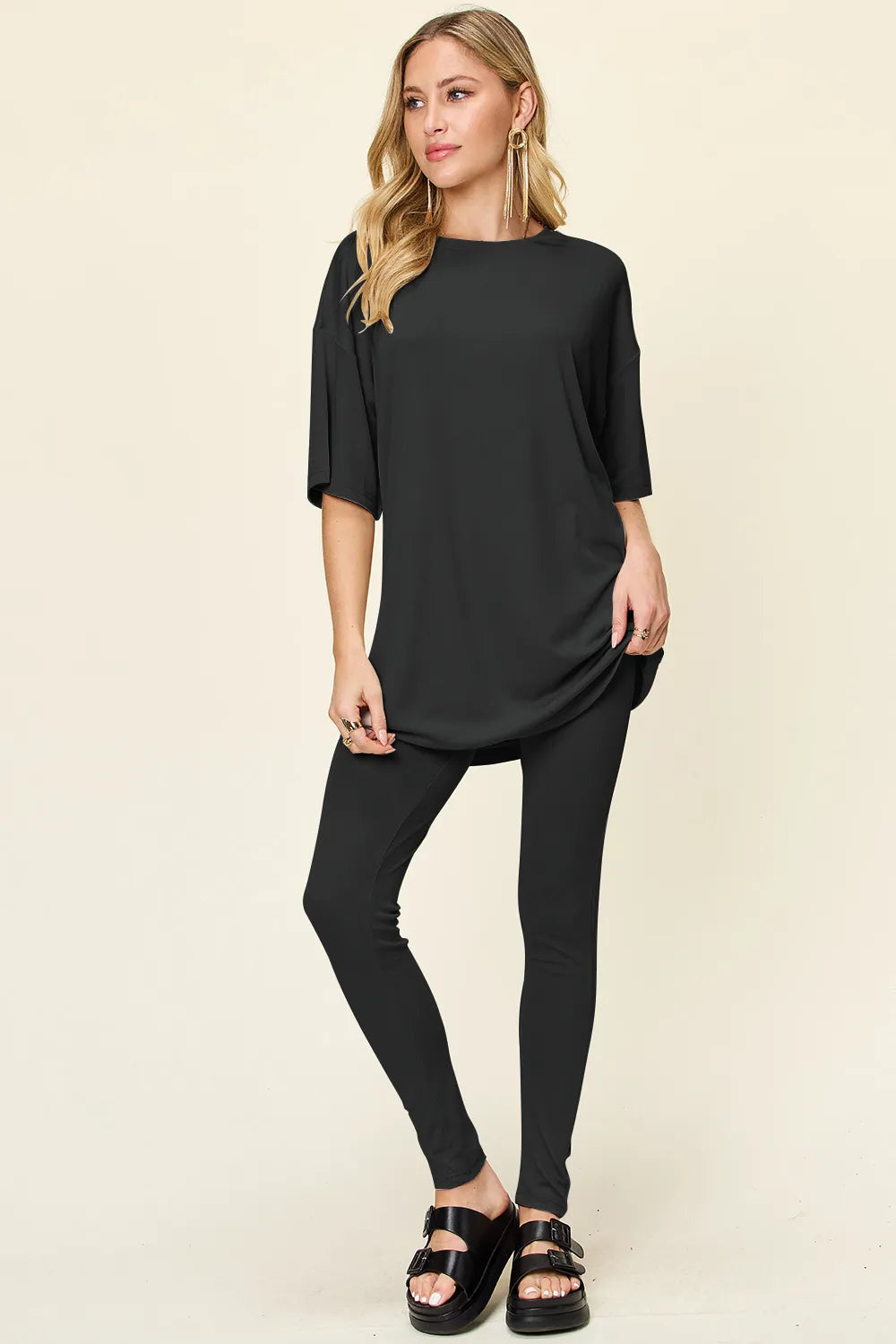 Double Take Full Size Round Neck Dropped Shoulder T-Shirt and Leggings Set - kinko