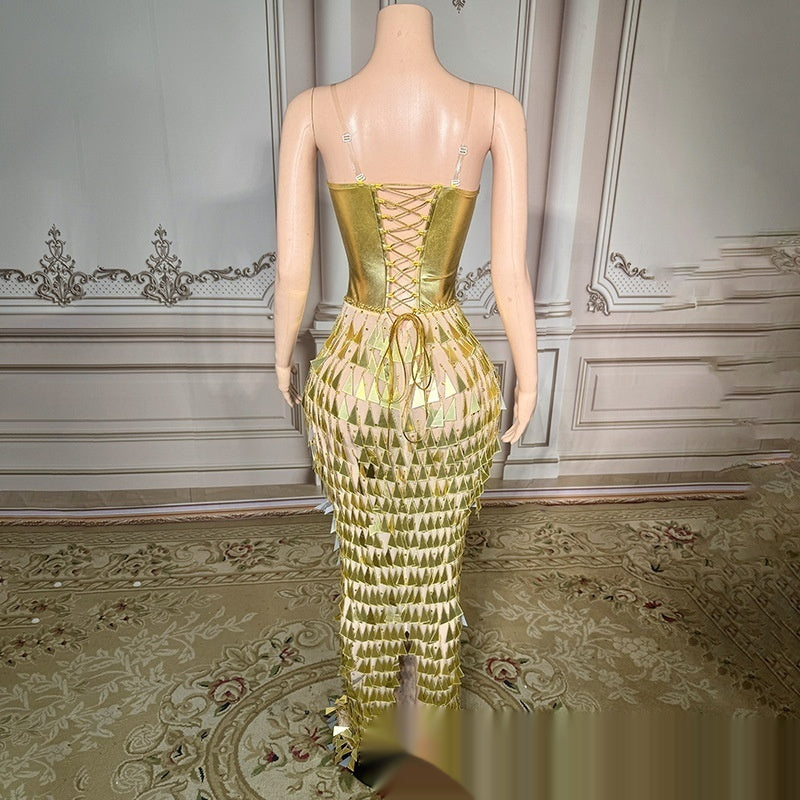 Golden Bright Surface Bandage Design Tight Waist Slimming Mermaid Day Formal Dress - kinko