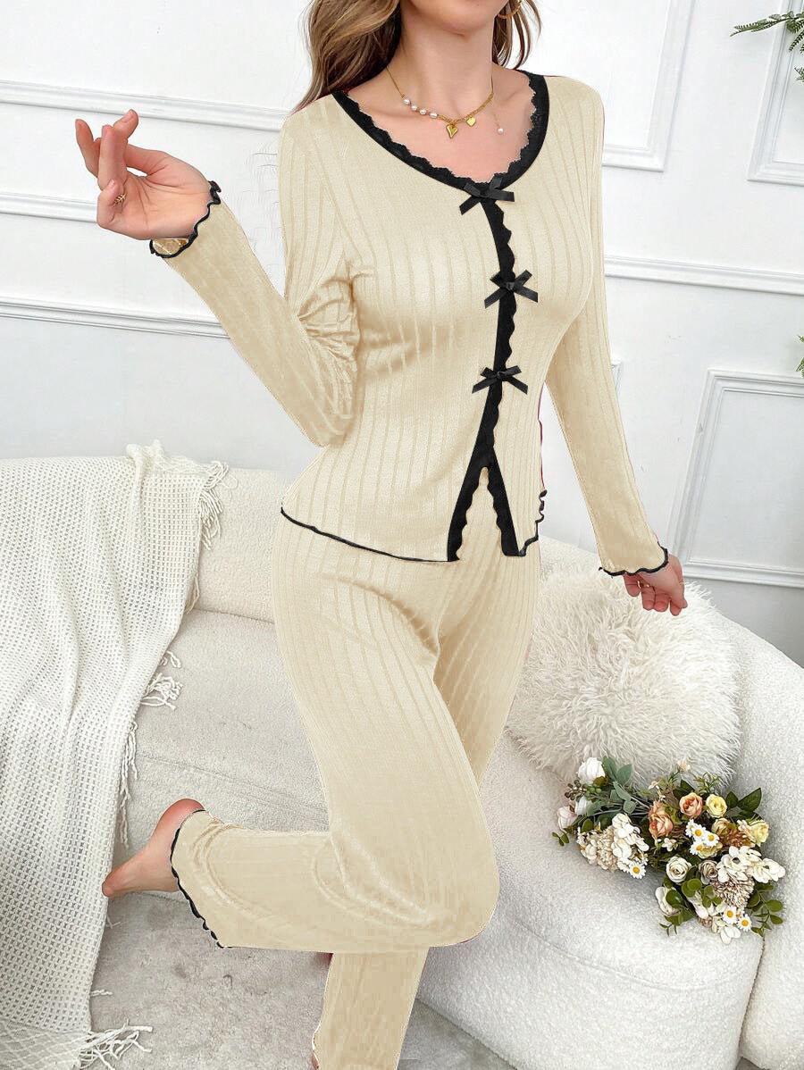 Long Sleeve Trousers Casual Homewear Lace Cardigan Suit - kinko