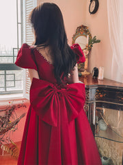Winter Wine Red Engagement Daily French Princess On The Run Satin Dress - kinko