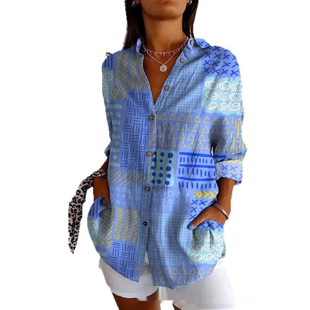 Striped Long-sleeved Shirt Women's Rainbow Cardigan Contrast Color Coat Lapel - kinko