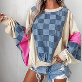 Sky Blue Oversized Checkered Denim Exposed Seam Patchwork Casual Sweatshirt - kinko