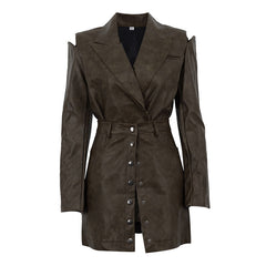 Vintage PU Leather Hollow Out Long Sleeve Top Skirt Suit - kinko