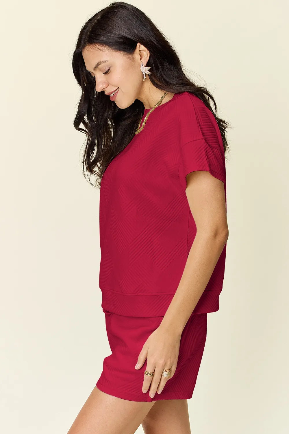 Double Take Full Size Texture Short Sleeve T-Shirt and Drawstring Shorts Set - kinko