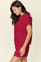 Double Take Full Size Texture Short Sleeve T-Shirt and Drawstring Shorts Set - kinko