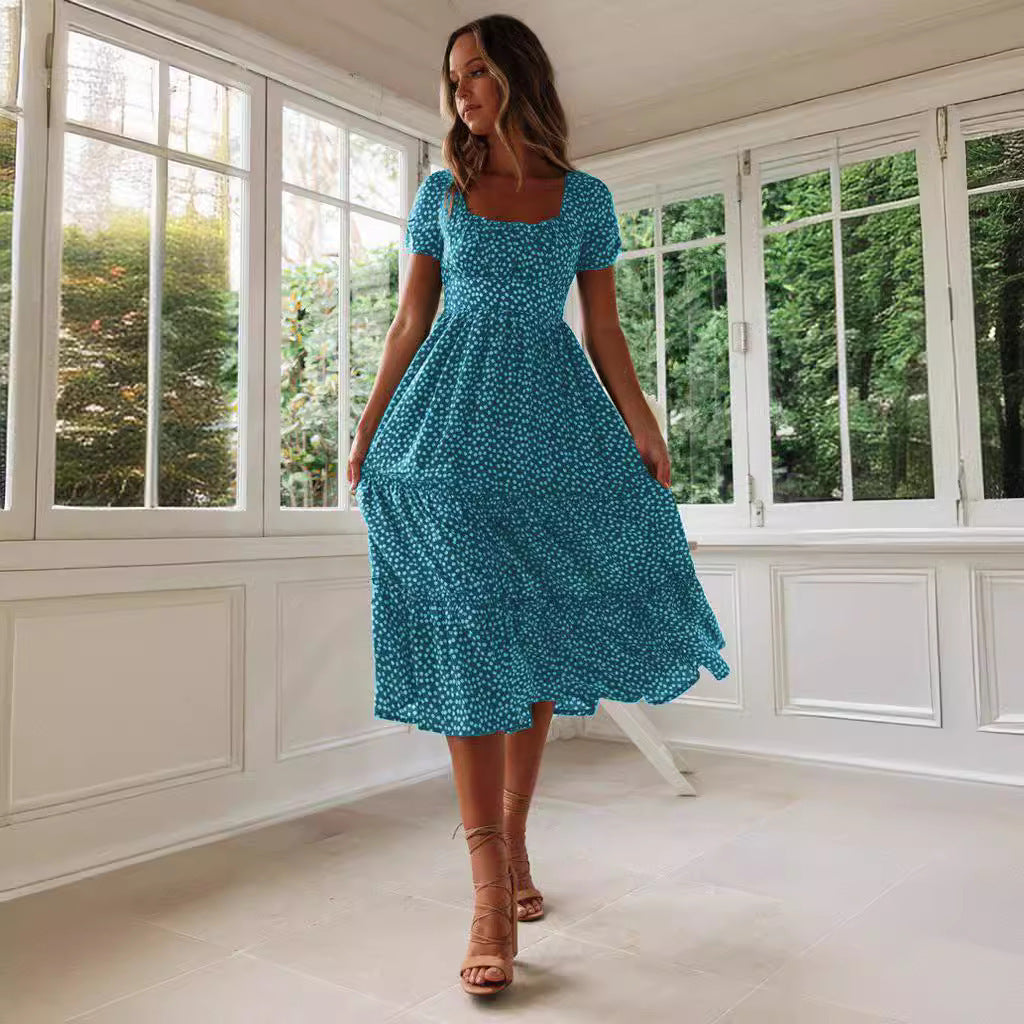 Square Collar Short Sleeve Dress Summer Puff Floral Printed Dress Long Dresses - kinko