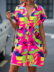 New Floral Print Short Sleeve Shirt Dress Summer Fashion Lapel Loose A-line Dresses For Womens Clothing - kinko