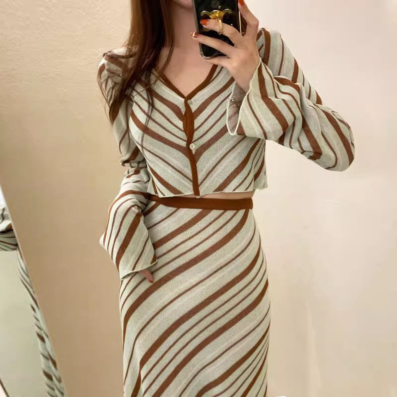 Two Short Knitwear High Waist Skirt Suit Women - kinko