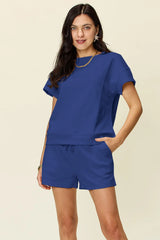 Double Take Full Size Texture Short Sleeve T-Shirt and Drawstring Shorts Set - kinko